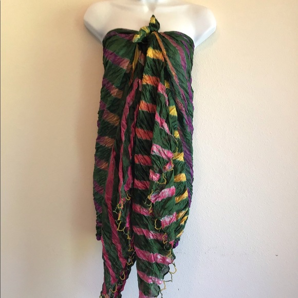 New Dark Green Striped Beach Scarf Wrap Pareo - Picture 6 of 10